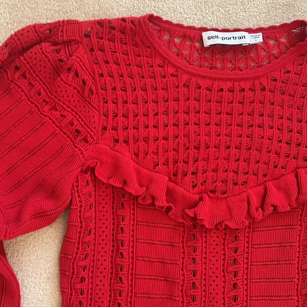 Women’s Self-Portrait Dark Red Knitted Lace Top Size Large - Picture 3 of 8